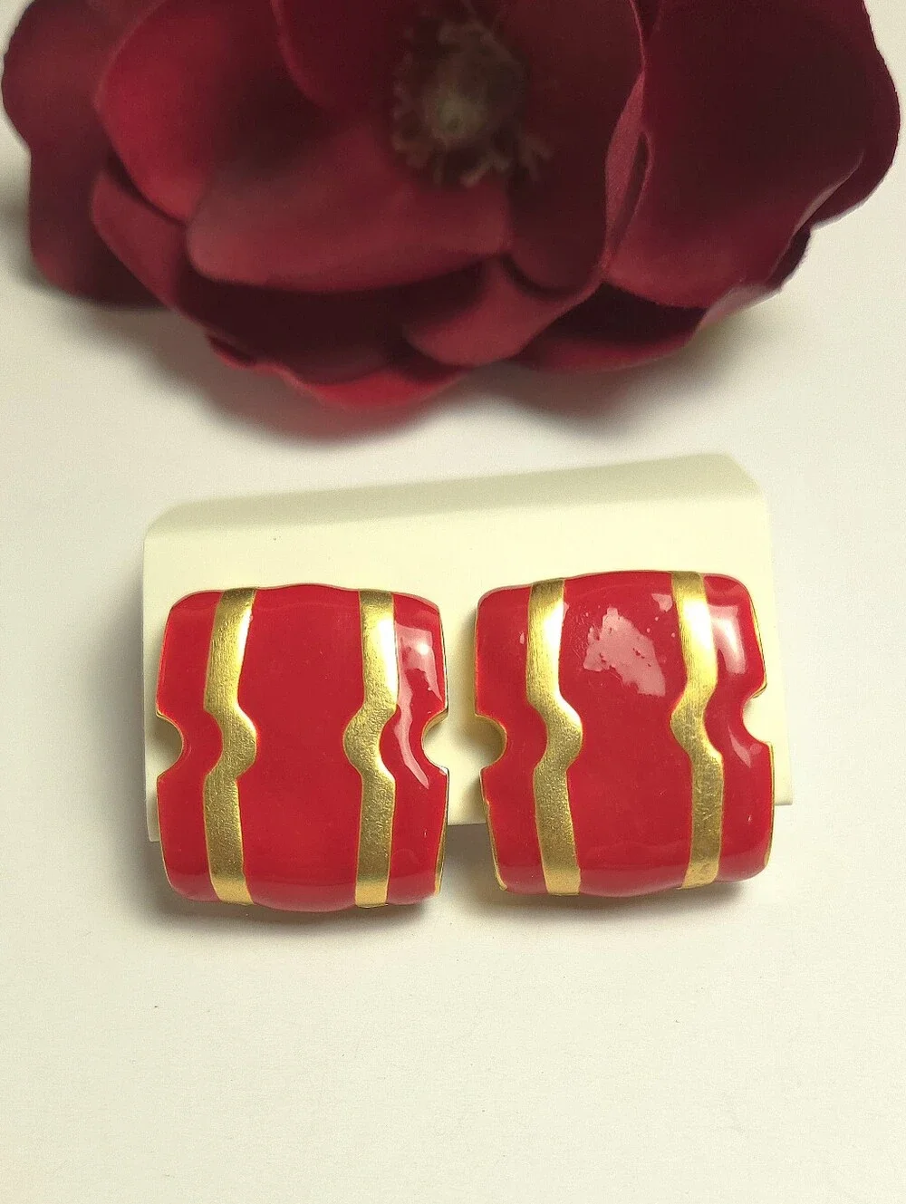 Vintage Bright Red & Brushed Gold Geometric Design Earrings Clip on Heavy